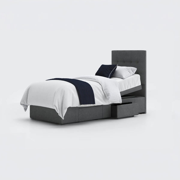 Opera Beds Emerald Motion adjustable divan bed with storage drawers and white comforter, front view.