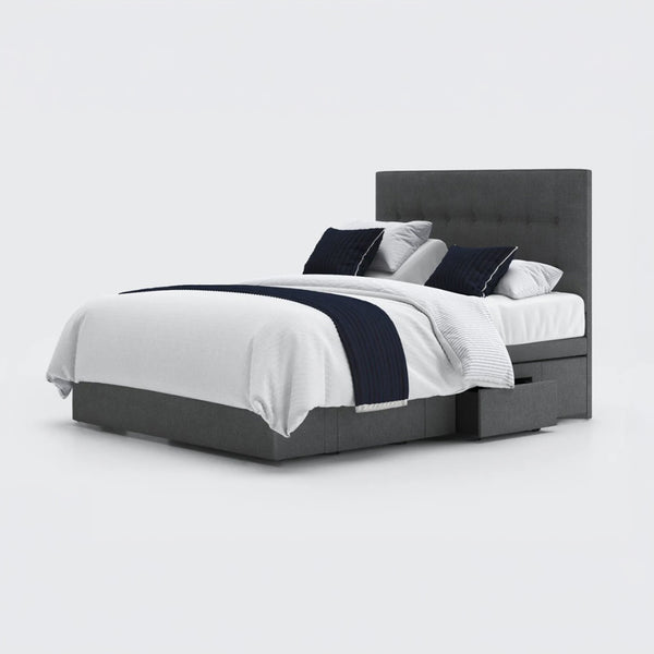 Opera Beds Emerald Motion Adjustable Divan Bed with built-in storage drawers, white and navy bedding, front view.