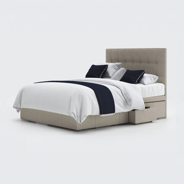 Opera Beds Motion Adjustable Divan Bed with linen fabric, side storage drawers and wireless handset, front view.