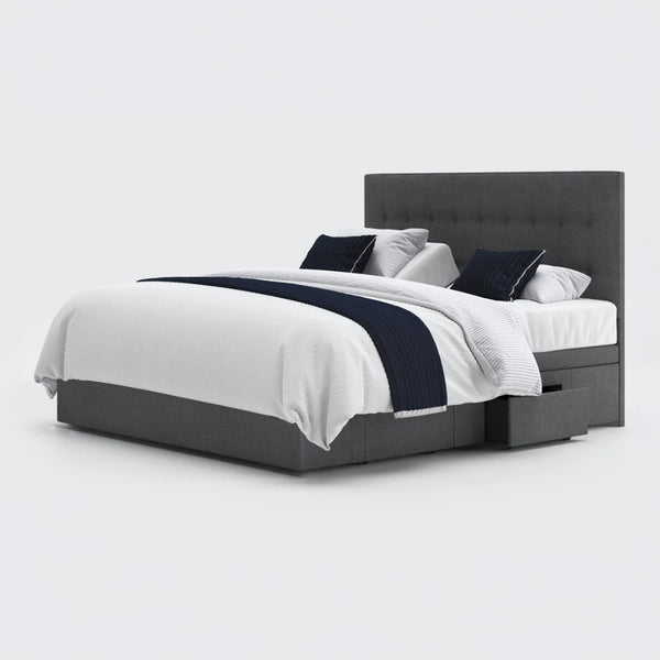 Opera Beds Emerald Motion Adjustable Divan Bed with tufted headboard and open storage drawers, side view.