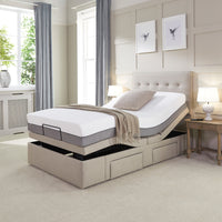 Opera Beds Emerald Motion Adjustable Divan Bed with wireless handset in a bright bedroom, large windows in background, front view.