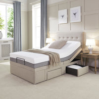 Opera Beds Emerald Motion Adjustable Divan Bed with zero-gravity mode and modern frame in a bedroom setting, front view.