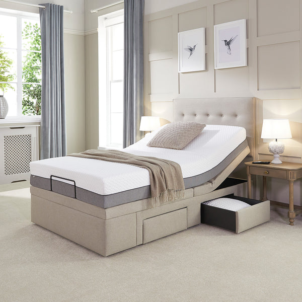 Opera Beds Emerald Motion Adjustable Divan Bed with zero-gravity mode and modern frame in a bedroom setting, front view.