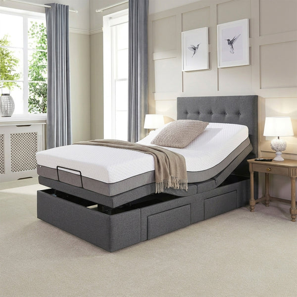 Opera Beds Emerald Motion Adjustable Divan Bed with neutral decor and grey accents, bedroom setting, front view.