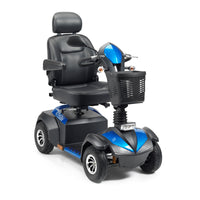 Drive Envoy 8 Scooter with padded seat, armrests, headrest and front basket, 8mph max speed, front view.