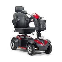 Drive Envoy 8 Scooter with high-back seat, armrests, front basket and four large wheels, side view.