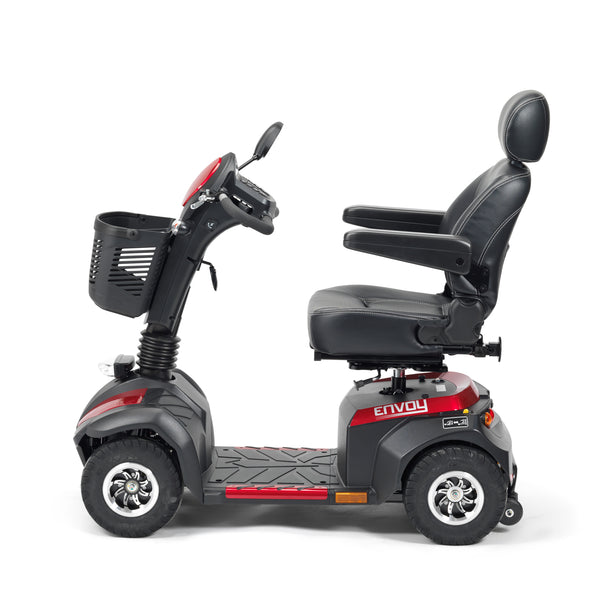 Drive Envoy 8 Scooter with seat, armrests and front basket, 30-mile range, side view.