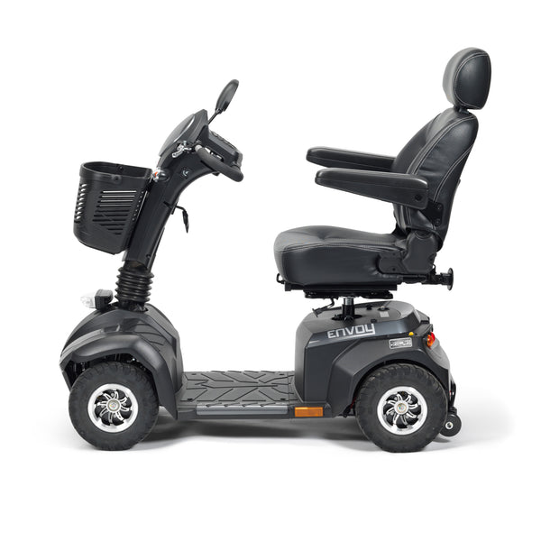 Drive Envoy 8 Scooter with armrests, high backrest, front basket and four wheels, side view.