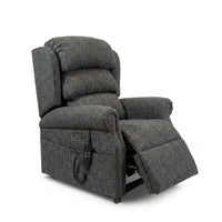 Repose Seating ErgoRise Dual Motor Tilt-In-Space Chair with padded cushions, lumbar support and side pocket remote, front angle view.