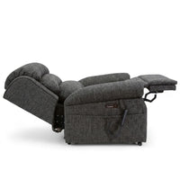 Repose Seating ErgoRise Dual Motor Tilt-In-Space Chair, fully extended with raised footrest and side remote, side view.