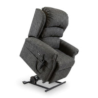 ErgoRise Dual Motor Tilt-In-Space Chair by Repose Seating, tilted with attached remote, white background, side view.