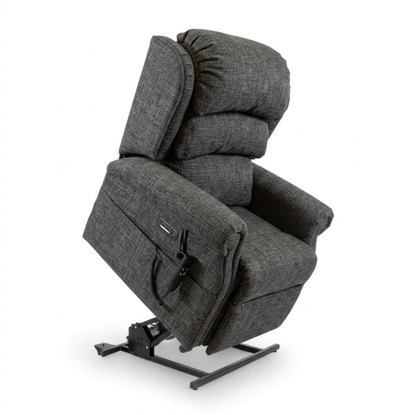ErgoRise Dual Motor Tilt-In-Space Chair by Repose Seating, tilted with attached remote, white background, side view.