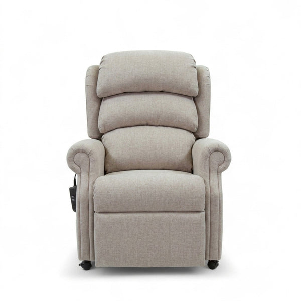 Repose Seating ErgoRise dual motor tilt-in-space chair with padded cushions, adjustable headrest and left-side remote, front view.