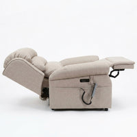 Repose Seating ErgoRise Dual Motor Tilt-In-Space Chair fully reclined with remote, headrest and side pocket visible, side view.
