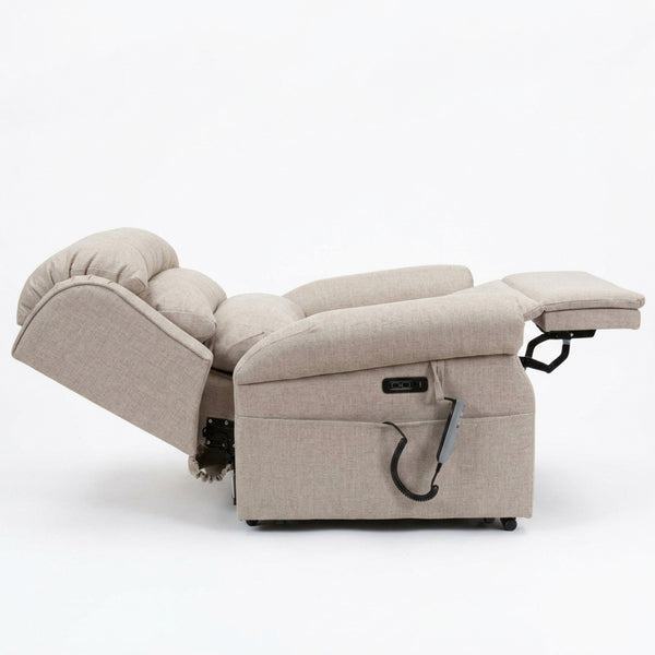 Repose Seating ErgoRise Dual Motor Tilt-In-Space Chair fully reclined with remote, headrest and side pocket visible, side view.