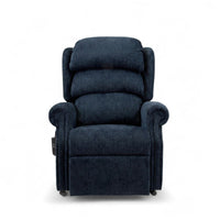 Repose Seating ErgoRise Dual Motor Tilt-In-Space Chair with cushioned back, armrests, lumbar support and footrest, side view.