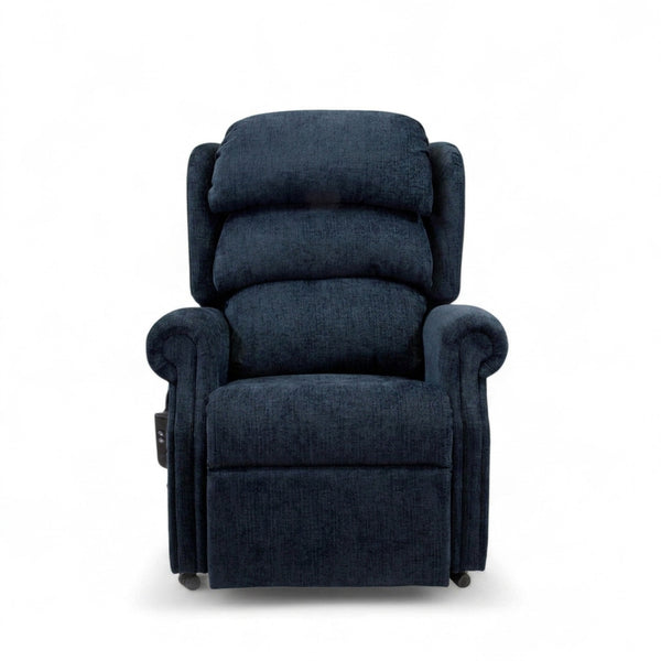 Repose Seating ErgoRise Dual Motor Tilt-In-Space Chair with cushioned back, armrests, lumbar support and footrest, side view.