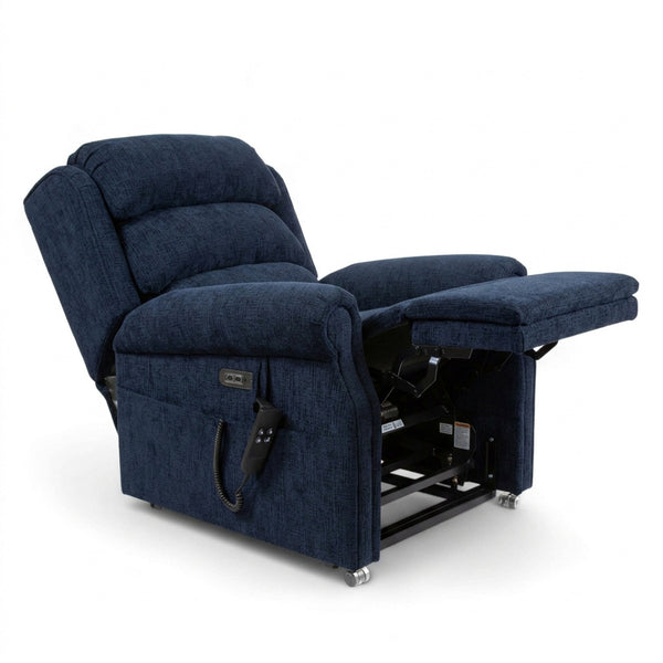 Repose Seating ErgoRise Dual Motor Tilt-In-Space Chair with extended footrest and side-wired remote control, front angle view.