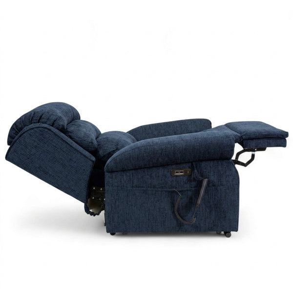 Repose Seating ErgoRise Dual Motor Tilt-In-Space Chair fully reclined with footrest raised, side remote and adjustable lumbar support, side view.