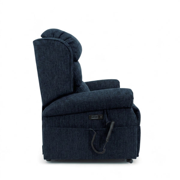 Repose Seating ErgoRise Dual Motor Tilt-In-Space Chair with wired remote, white background, side view.