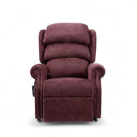 Repose Seating ErgoRise dual motor tilt-in-space chair with rolled arms, headrest and side control panel, front view.