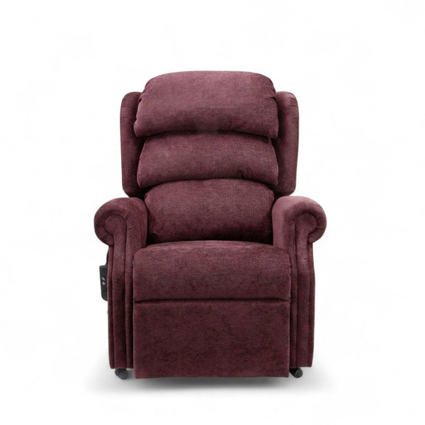 Repose Seating ErgoRise dual motor tilt-in-space chair with rolled arms, headrest and side control panel, front view.