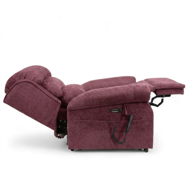 Repose Seating ErgoRise Dual Motor Tilt-In-Space Chair fully reclined with wired remote on the side, side view.