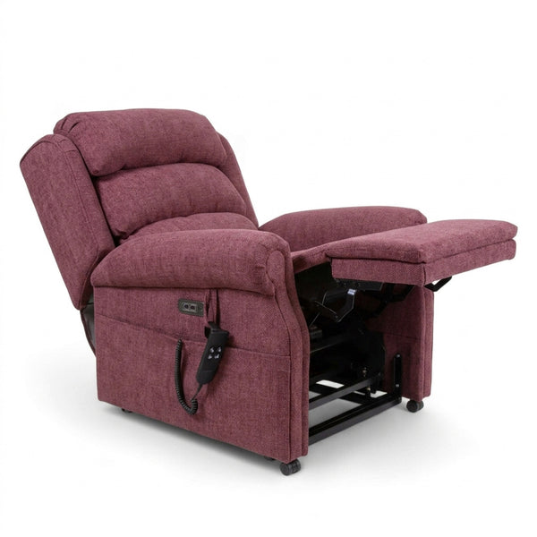 Repose Seating ErgoRise Dual Motor Tilt-In-Space Chair with lumbar support, footrest, padded cushions and remote, front view.
