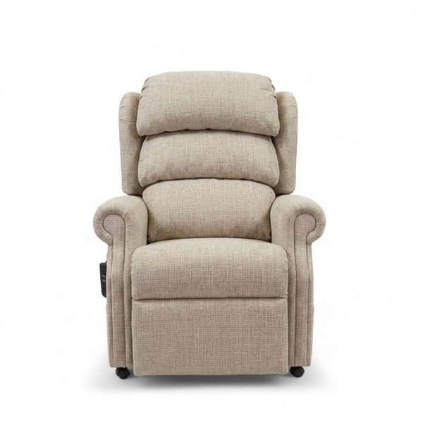 Repose Seating ErgoRise Dual Motor Tilt-In-Space Chair with side control panel and adjustable headrest, white background, front angle.