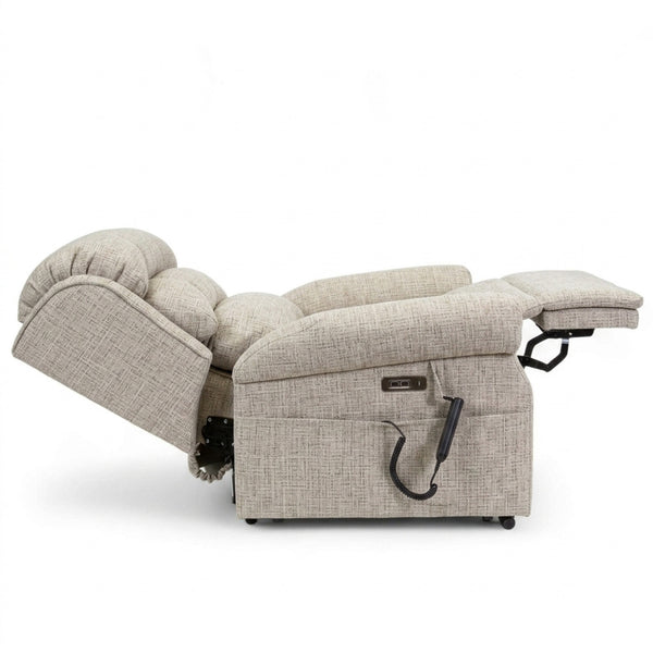 Repose Seating ErgoRise Dual Motor Tilt-In-Space Chair fully reclined with side control panel, tilt-in-space feature, side view.
