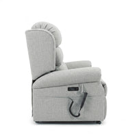 Repose Seating ErgoRise Dual Motor Tilt-In-Space Chair with adjustable lumbar support and right-arm remote, side view.