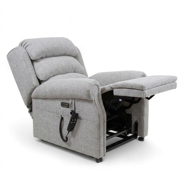 Repose Seating ErgoRise Dual Motor Tilt-In-Space Chair with padded cushions, lumbar support and wired side remote, front view.