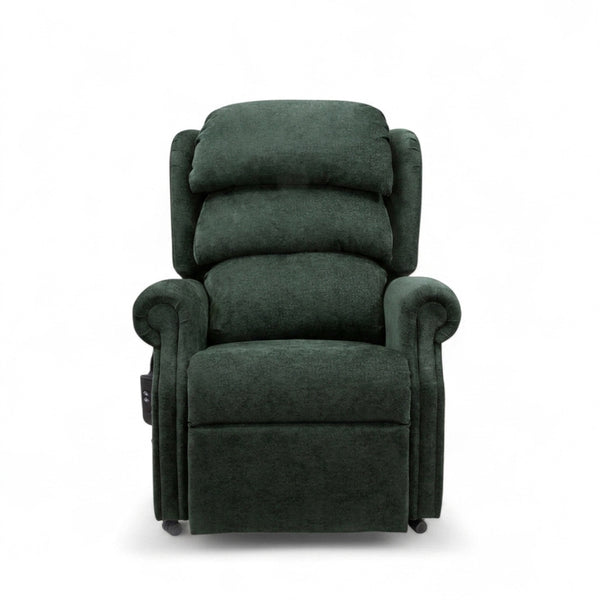 ErgoRise Dual Motor Tilt-In-Space Chair with plush cushions, rolled arms, adjustable headrest and left remote pocket, front view.