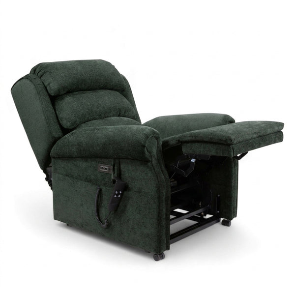 Repose Seating ErgoRise Dual Motor Tilt-In-Space Chair with adjustable headrest, footrest and side remote control, front view.