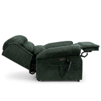 Repose Seating ErgoRise Dual Motor Tilt-In-Space Chair fully extended with adjustable headrest, footrest and remote, side view.