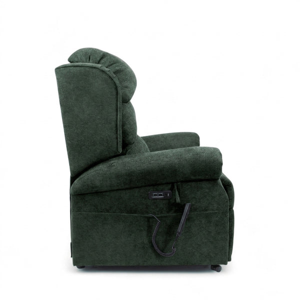 Repose Seating ErgoRise Dual Motor Tilt-In-Space Chair with adjustable headrest and remote, side view.