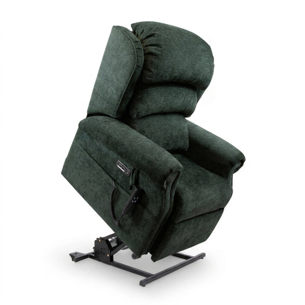 ErgoRise Dual Motor Tilt-In-Space Chair partially raised on metal supports, white background, side view.
