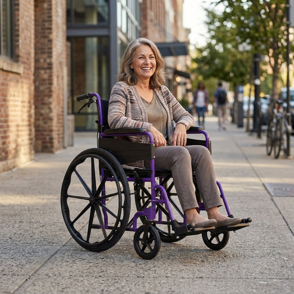 Woman seated in a Days Escape Lite Self Propel Wheelchair outdoors on city pavement, bikes and buildings behind, in use view.