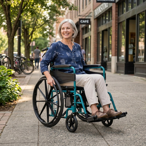 Woman with grey hair using a Days Escape Lite Self Propel Wheelchair on a city pavement with shops and trees, in use view.
