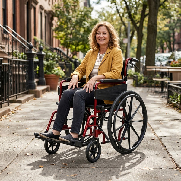 Woman using Days Escape Lite Self Propel Wheelchair outdoors on city pavement with brownstone buildings, in use view.