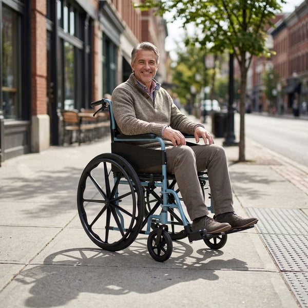 Man using Days Escape Lite Self Propel Wheelchair outdoors on a city pavement near shopfronts, in use view.