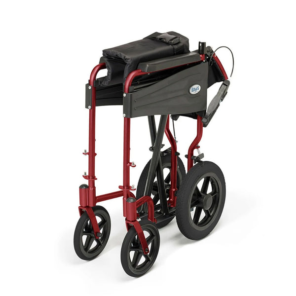 Days Escape Lite Wheelchair folded upright, black wheels and seat, attached storage bag, side view.