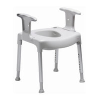 Etac Swift Toilet Seat Raiser with armrests and sturdy freestanding legs, front angle view.
