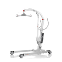 Direct Healthcare Eva450EE Mobile Hoist with wheels and suspended lifting arm for patient transfer, side view.