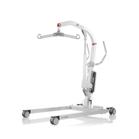 Direct Healthcare Eva600EE Mobile Hoist with wheels and metal arm for patient transfers in healthcare settings, side view.