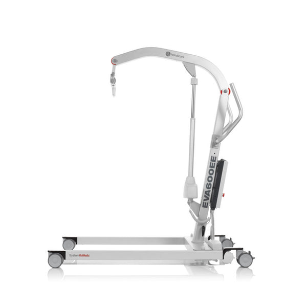 Direct Healthcare Eva600EE Mobile Hoist with wheels and movable lifting arm for patient transfer, side view.