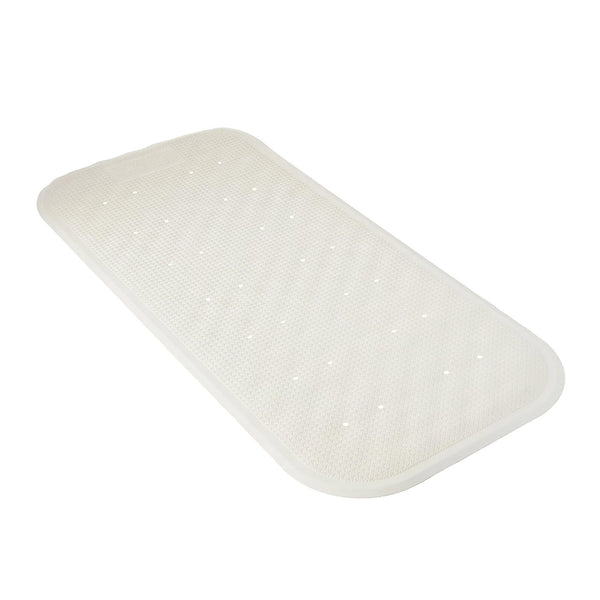 Rectangular non-slip bath and shower mat with drainage holes and rounded corners, top view.