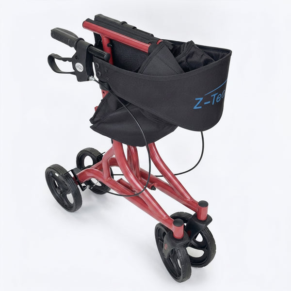 Z-Tec Falcon XL Lightweight Rollator with four black wheels, adjustable handles and a black storage bag, front view.