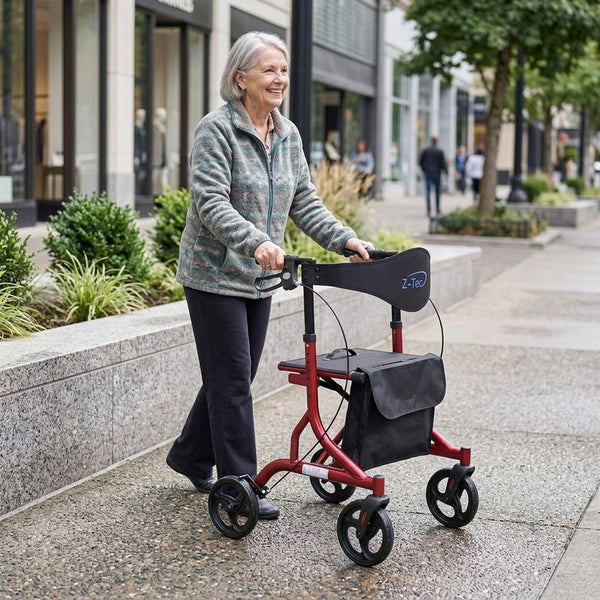 Older woman using Z-Tec Falcon XL Lightweight Rollator walking outside near city shops and greenery, in use view.