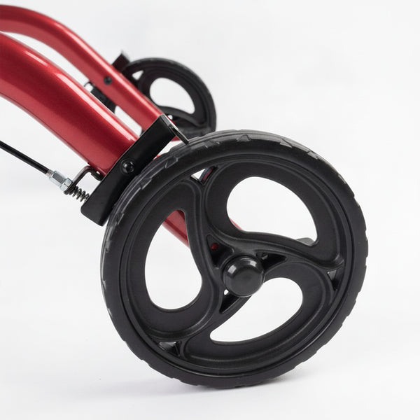 Close-up of two black wheels on a Falcon XL Lightweight Rollator by Z-Tec, showing mobility aid features, close-up view.